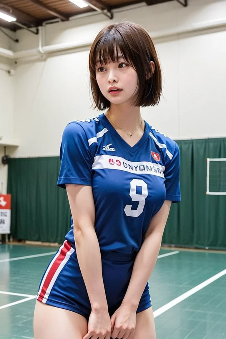 masterpiece, best quality, illustration, Super detailed, fine details, High resolution, 8K,wall paper, perfect dynamic composition,(Details High quality, realistic depiction of eyes:1.3), restroom, (urinal), kneeing, (short hair volleyball player, Volleyball Uniforms), Tight clothes, , medium breasts, black hair color, Big Natural Color Lip, bold sexy pose, (perfect body shape), Do gal makeup, sexy face, Harajuku style、20 year old girl、cute type、lolita、beautiful legs, hposing Gravure Idol