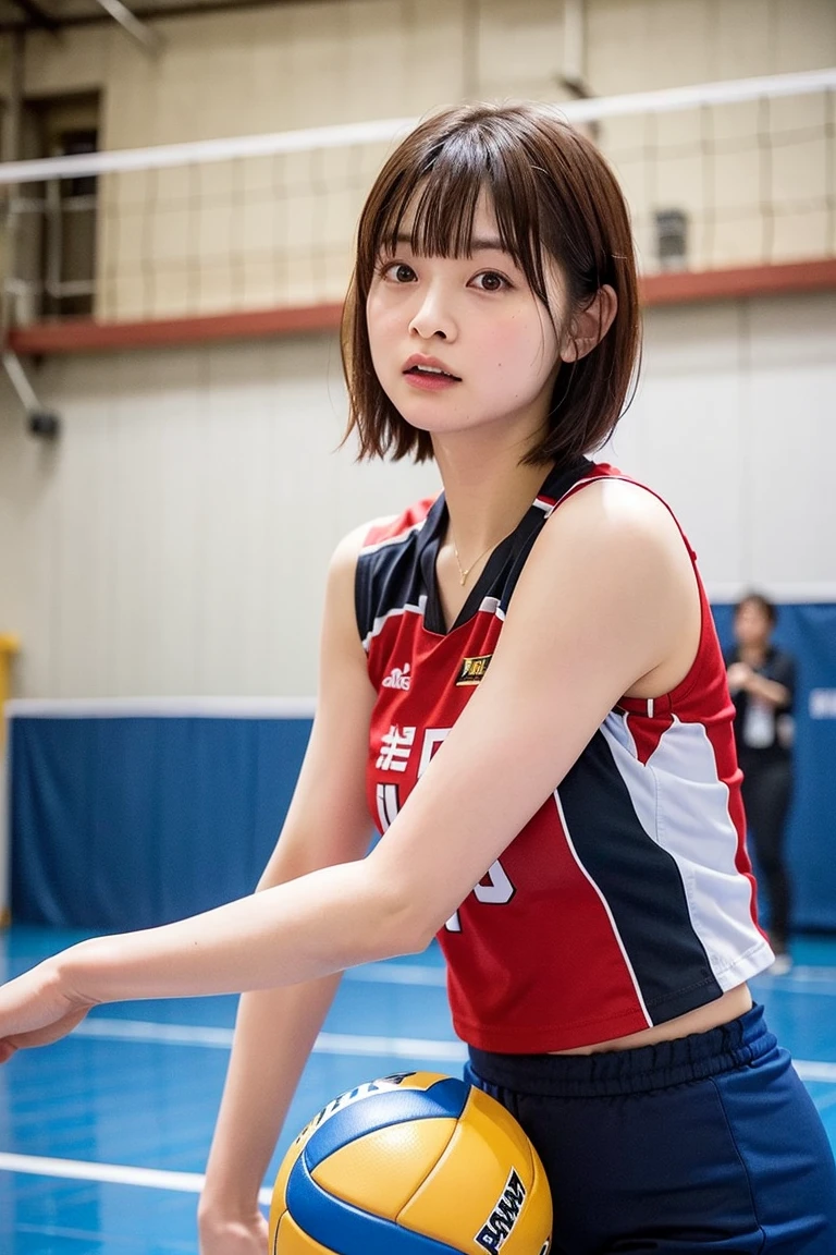 ((Best quality at best, 8K, tmasterpiece, volleyball sporty attire: 1.3)), (View the audience), photo-realism, Focus sharp, Alone, Japanese women, Big breasts are beautiful,curlies, Wrinkles at the corners of the eyes, to emphasize, ((Large breasts:1.3))),,aged 40, curlies, Eyes have wrinkles, (Wearing volleyball uni form:1.5)((looking at viewert))(squat:1.4), heels on the ground, legs spread slightly, Squat with your knees up, put your butt on the ground, beautiful face details, real human skin, gentle expression, Front view, angle from below, realistic, photorealistic, squat deep on grounds, Japanese,