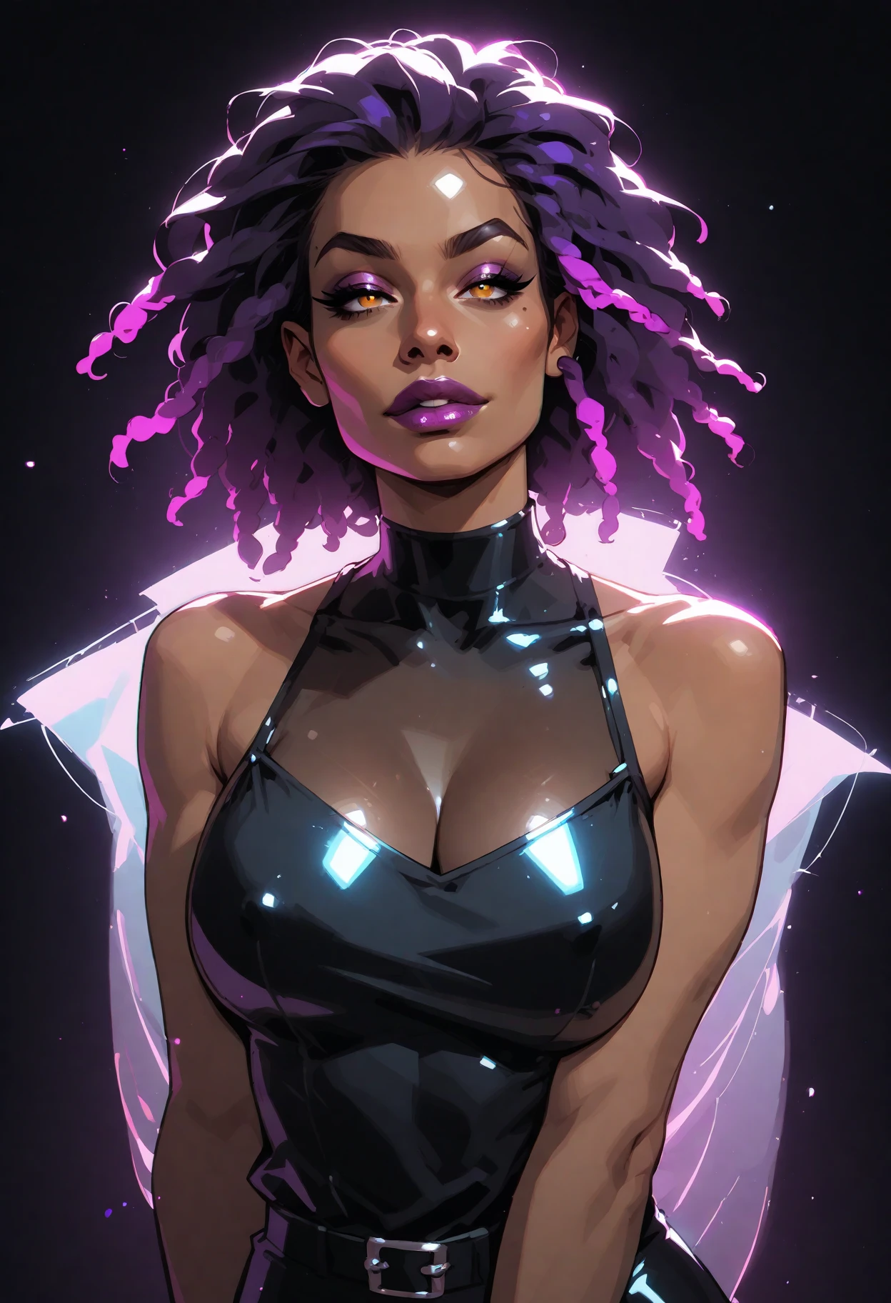 colorful virgin destroyer sweater, 1girl, ((dark skinned)) solo, navel, (((closed mouth))), side-tie panties, underboob, highleg panties, <lora:virginDestroyer_v10:1.5> , octane render, realistic, blacklight, 1girl,  (multicolored hair:1.3) (small Afro), tattoo, best quality, ultra high res, (((photorealistic:1))), mature female,
(<lora:Blacklight_v1:2>)