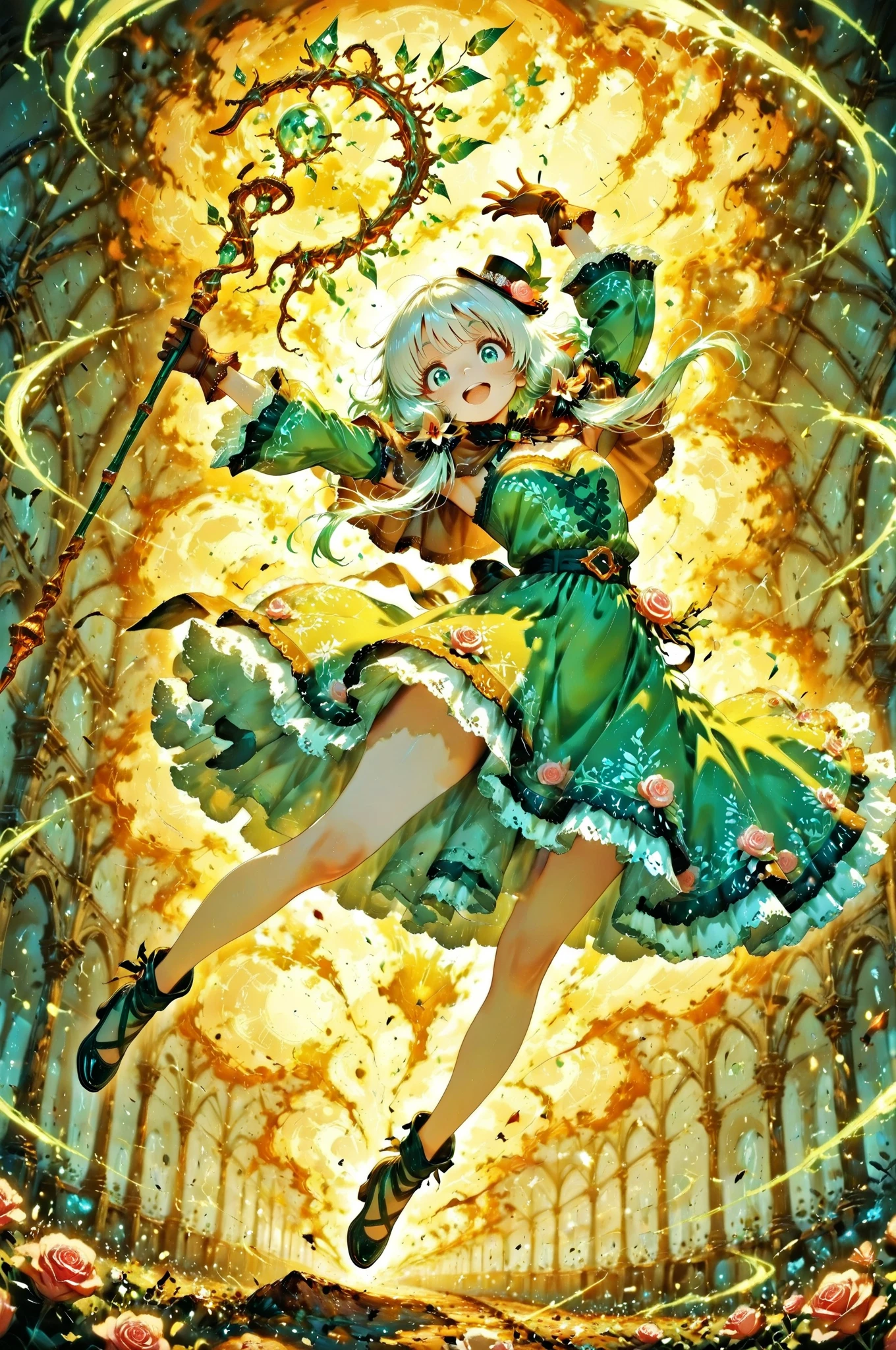 score_9, score_8_up, score_7_up, UHD, Masterpiece, amazing quality, very aesthetic, absurdres, ultra-detailed, BREAK
 (joyfully jumping with arms raised high in celebration, legs bent back toward her bottom in a dynamic pose), BREAK
 1girl\(elf, silver bob cut:1.3,  mini hat\pink rose\lace, Intricate:1.3\Green leaf dress\frill, lace), (dynamic composition capturing the peak moment of the jump, fabric and hair creating beautiful flowing lines, soft magical particles and light sparkles surrounding her, enhancing the sense of movement and joy, background with subtle fantasy elements that complement the green dress, soft gradient lighting, A crystal cave where fantastic light is reflected, 
vibrant colors, perfect anatomy, graceful and energetic pose, cinematic lighting with rim light highlighting the edges of the character and dress), BREAK BREAK BREAK dynamic angle:1.5, panorama:1.2, cinematic:1.3, atmosphere of discovery and wonder, illustrious art style, cinematic and immersive scene, low angle, BREAK
smile, brown capelet, brown gloves, chest guard, belt, holding staff
fantasy background
