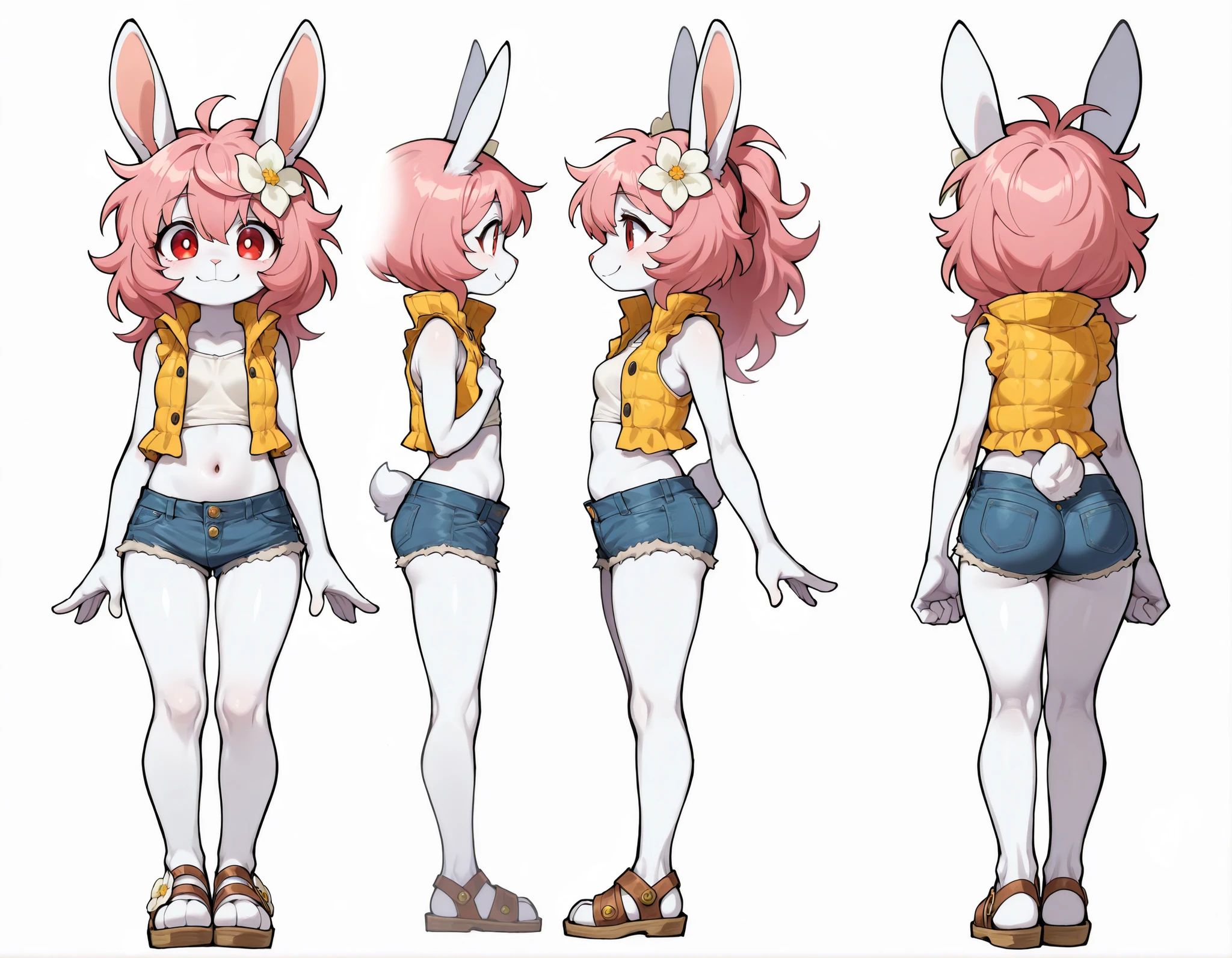 full-length_portrait, furry shota, rabbit, long rabbit ears, pink hair, long spiky ponytail, spiky hair, detailed body fur, pink eyes, ((purple kimono, open clothes, red fundoshi, goggles)), looking at you, white body fur, detailed face, big eyebrows, detailed eyes, detailed body, simple background, white background, detailed hands, flat body, glistering body, shiny body, skinny, spectacular effects, :3, perfect lighting, perfect shadows, perfect eyes, perfect hair, perfect face, gorgeous body, full body, feets with three toes, 3 toes, standing, solo, multiples views,