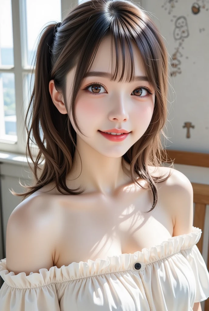 (upper body:1.25), Fashion trendy beautiful, gentle and charming Taiwanese lady, (jpop idol), (big breasts), (areolas slip), delicate and sexy collarbone, oval face, sitting on the wood bench, double eyelids, smart peach blossom eyes, pink lips, small nose, bare shoulders, focus on the face, close-up of the face, Ultra-high-definition, super-detailed, full-body photo, ultra-thin and light-transmitting, Platinum yellow((strapless))dress, sleeveless, fresh and good, and (see through:1.05), (NSFW:1.1)