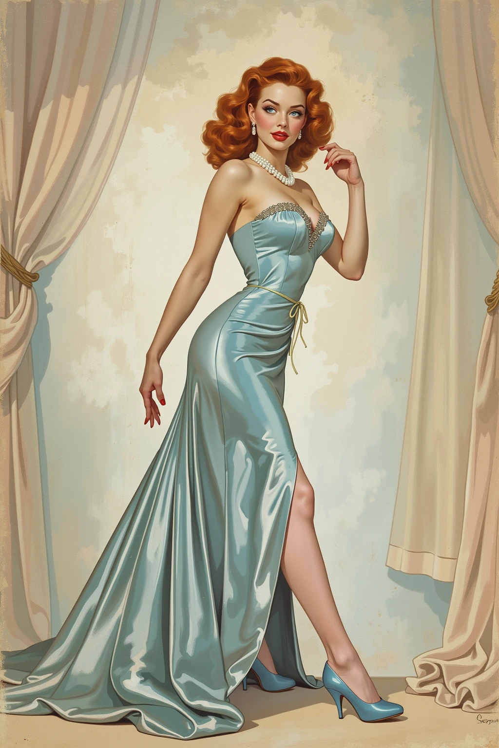 20 years old Girl standing in the doorway of a church, wearing a ballroom gown, medium breast, shining skin, dramatic lighting, pin up style, sexy, surprised, , colorful , masterpieces, illustrated, shining skin, detailed face, Medium breast. tight body. red hair, Illustrated BY Zoe Mozert, pinup art byZoe Mozert, vintage pin up, illustrated by Zoe Mozert, girl pinup, pinup girl, pin-up poster girl, pin up girl, pinup, pin - up girl, Detailed face, Detailed Hands, Detailed legs,