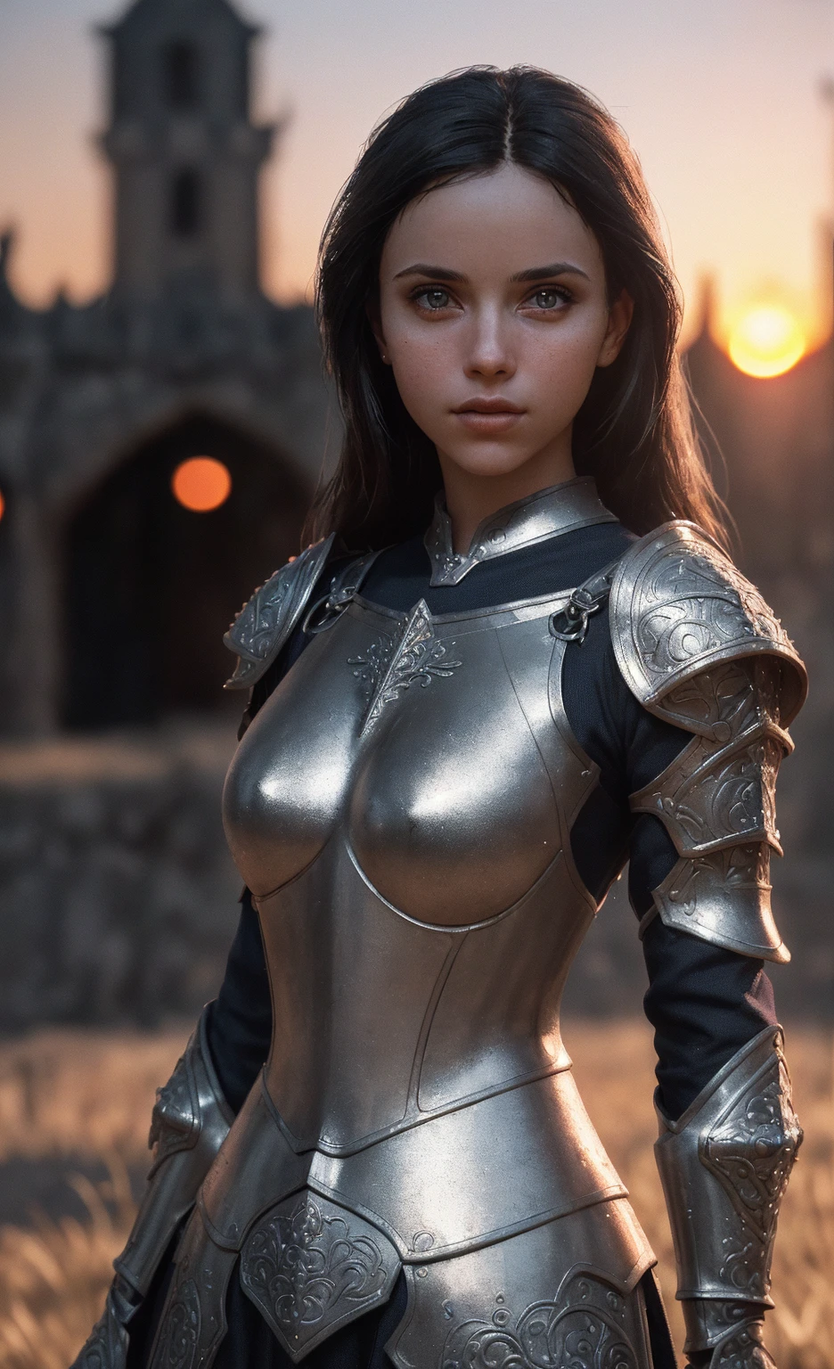 (masterpiece), (very complicated:1.3),, (realistic), girl portrait, the most beautiful in the world, (medieval armor), metal reflection, Upper body, outdoors, intense sunlight, distant castle, Stunning female professional photo details, sharp focus, dramatic, Awards, cinematic lighting, octane rendering, unreal engine, volumetrics dtx, (film grain, Bokeh, blurred foreground, blurred background), chest emblem