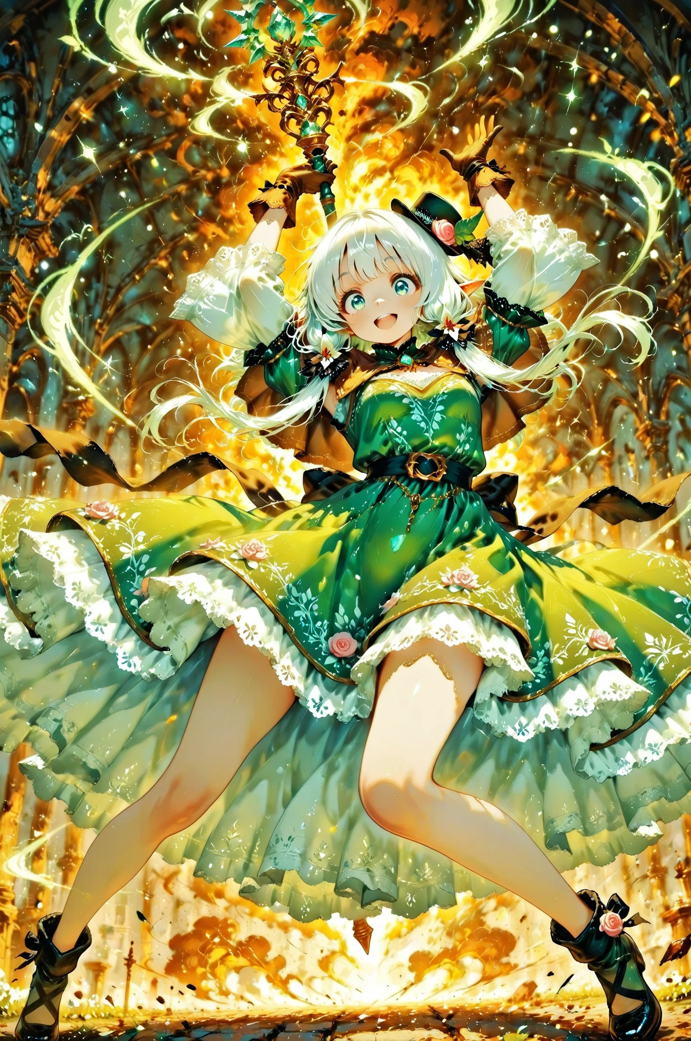 score_9, score_8_up, score_7_up, UHD, Masterpiece, amazing quality, very aesthetic, absurdres, ultra-detailed, BREAK
 (joyfully jumping with arms raised high in celebration, legs bent back toward her bottom in a dynamic pose), BREAK
 1girl\(elf, silver bob cut:1.3,  mini hat\pink rose\lace, Intricate:1.3\Green leaf dress\frill, lace), (dynamic composition capturing the peak moment of the jump, fabric and hair creating beautiful flowing lines, soft magical particles and light sparkles surrounding her, enhancing the sense of movement and joy, background with subtle fantasy elements that complement the green dress, soft gradient lighting, Pale-white shining crystal, A crystal cave where fantastic light is reflected, 
vibrant colors, perfect , graceful and energetic pose, cinematic lighting with rim light highlighting the edges of the character and dress), BREAK BREAK BREAK dynamic angle:1.5, panorama:1.2, cinematic:1.3, atmosphere of discovery and wonder, illustrious art style, cinematic and immersive scene, low angle, BREAK
smile, brown capelet, brown gloves,  guard, belt, holding staff
fantasy background
