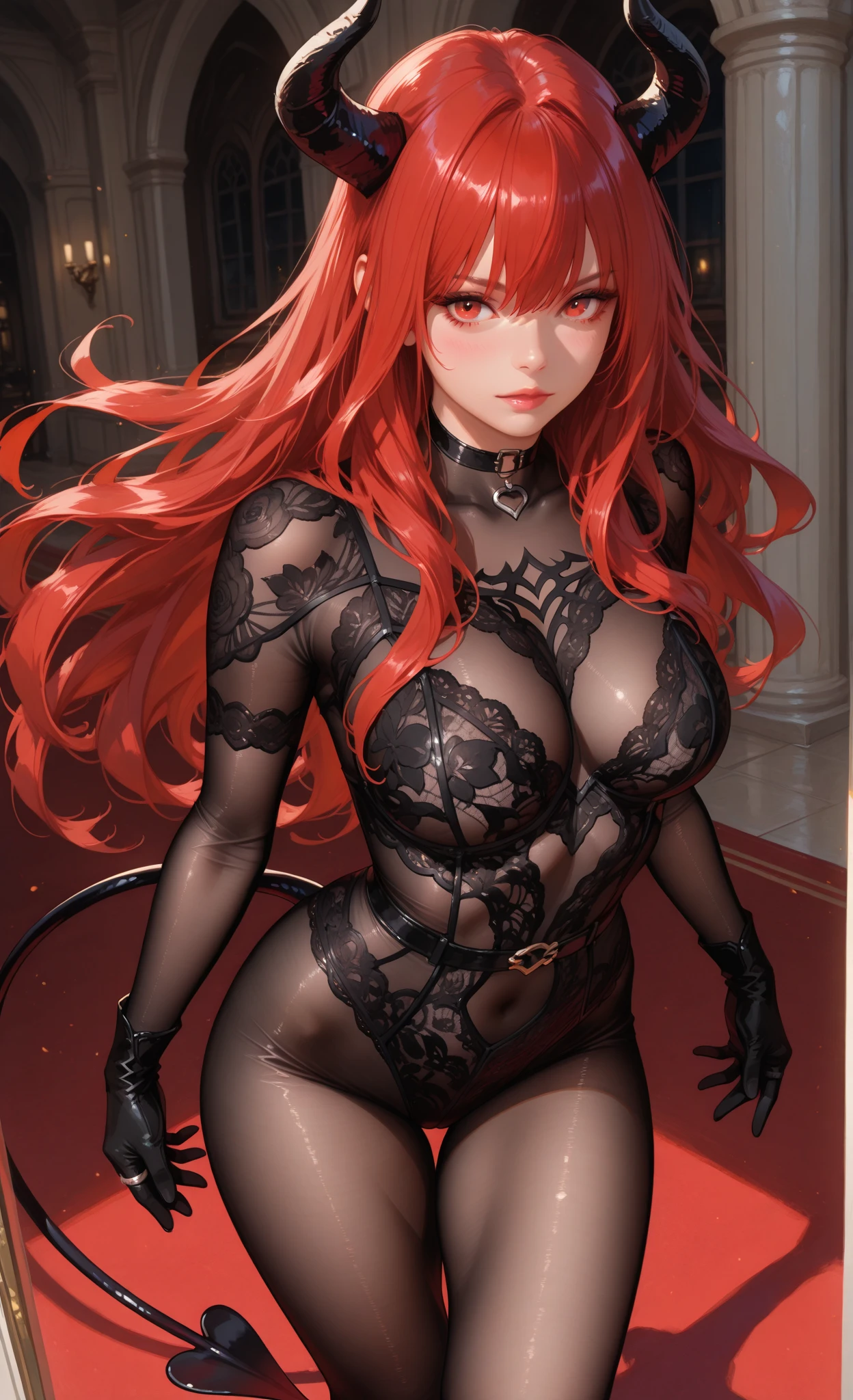 See-through pantyhose,redheadwear,Raised sexy,Leaning forward,slender girl,Lace lingerie big breasts,Cat ears,a cat tail,Evil smiled