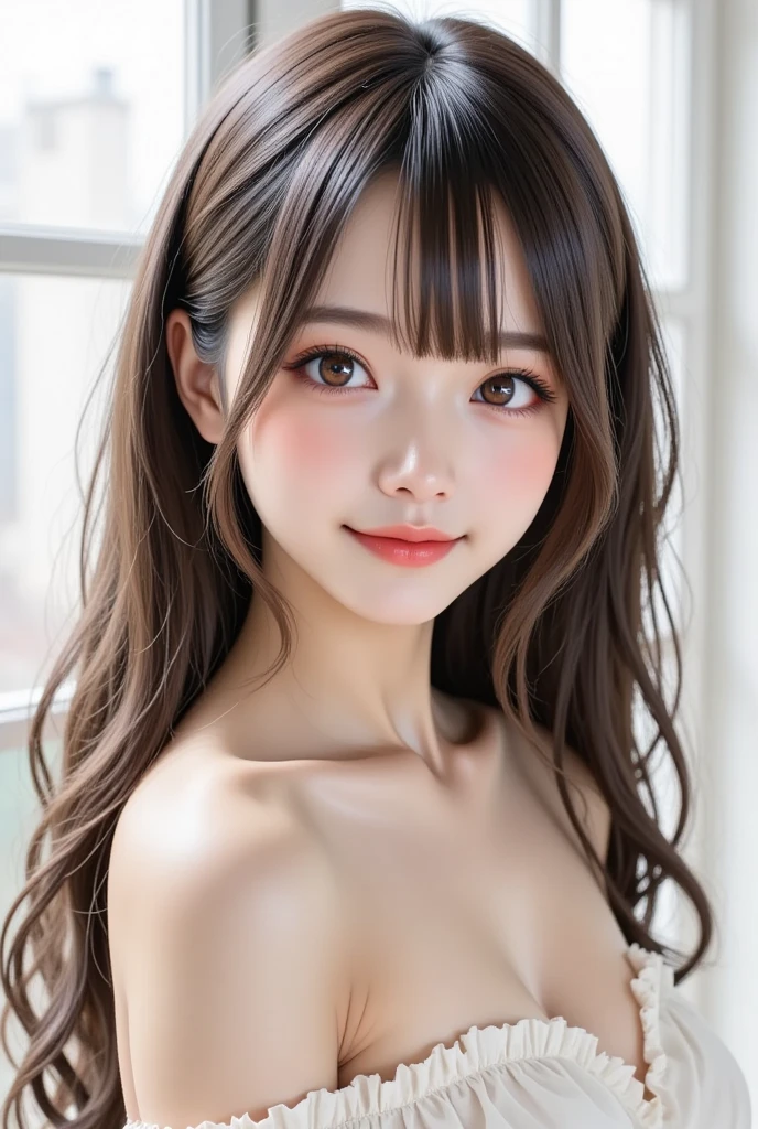 highest quality, realistic, 8K, High resolution, 1 girl, woman, (skin dents), (portrait:0.6), nice, ((white background, naked, small breasts:1.65)), (long brown hair, parted bangs:1.4), looking at the viewer, (1 girl eyes looking at the viewer:1.6), realistic, (Bokeh), (closed mouth, smile:1.3), nice, Pueros face_V1:1,
