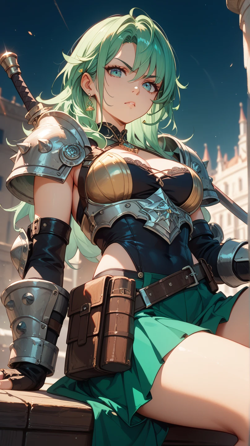 amazing female in rogue armor standing on epic pose, looking from above, in the dungeon