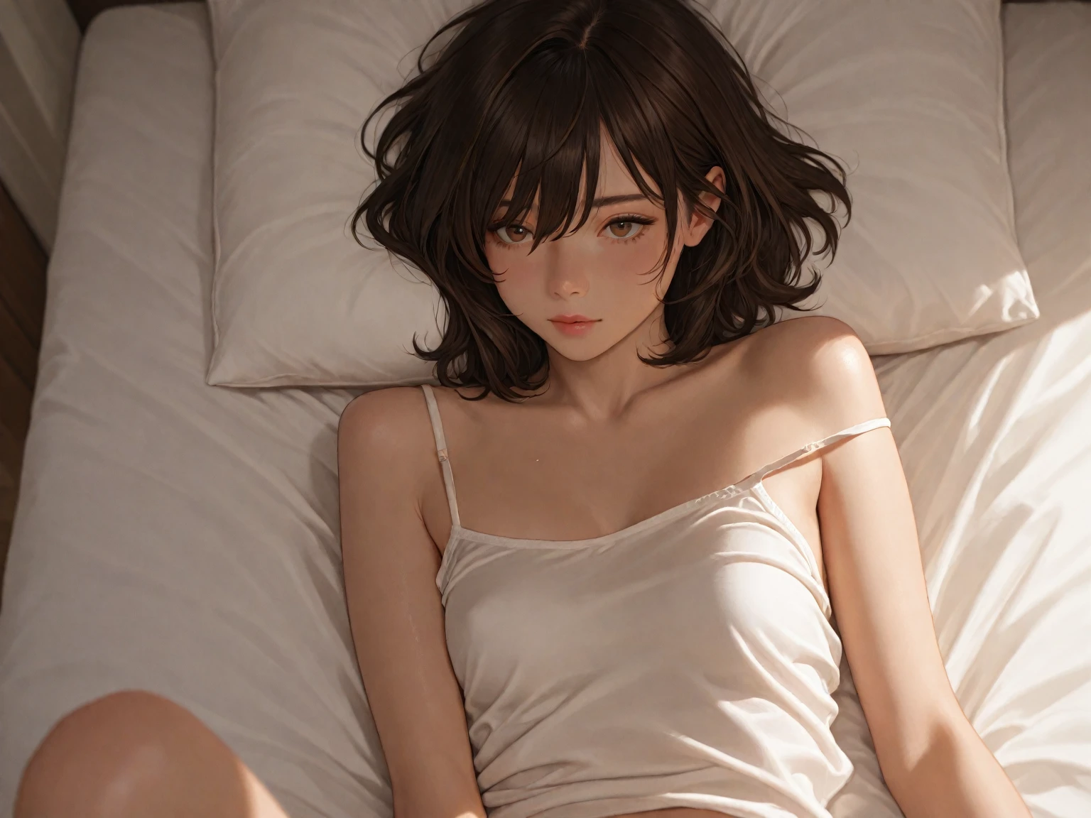 master piece, extremely detailed, high resolution, Makoto Shinkai style, girl, wake up expression, girl's room background, morning light shining through the window, slim waist, glossy plump lips, glossy hair, brown hair, pink lips, on all fours, on the bed