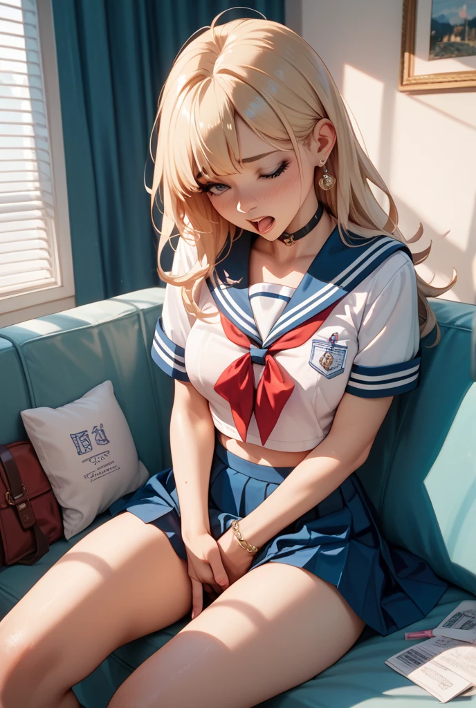 photorealisim、top-quality、超A high resolution、NSFW、Japanese high school  girl、18year old、Girl in uniform sitting on bed、low  angle shot:1.5、M-shaped legs:1.4、She opened her legs wide:1.5、Sitting with your knees bent and your legs spread、((Show panties:1.5))、sexy look at the camera、((blondehair))、((Pink Silk Panties))、Close-up in panties:1.4、Light blue shirt、Dark blue tartan plaid pleated skirt、Dark blue socks、Detailed cute and beautiful face、(pureerosface_v1:0.008)、Brown-eyed、eye liner、red blush、embarrassed from、glares、 shiny lips: 1.4,  impatience、Frightened、glares、Panty appeal、Close-up in panties:1.3、red blush、is crying、Crying、Open knees、open one's legs、Disheveled clothes、Dressing、Medium Long Hair,In the bedroom、Anatomically accurate human body、perfect arms、perfect hand、Perfect fingers、perfect leg、accurate human body beautiful naked girl without clothes showing tits and pussy