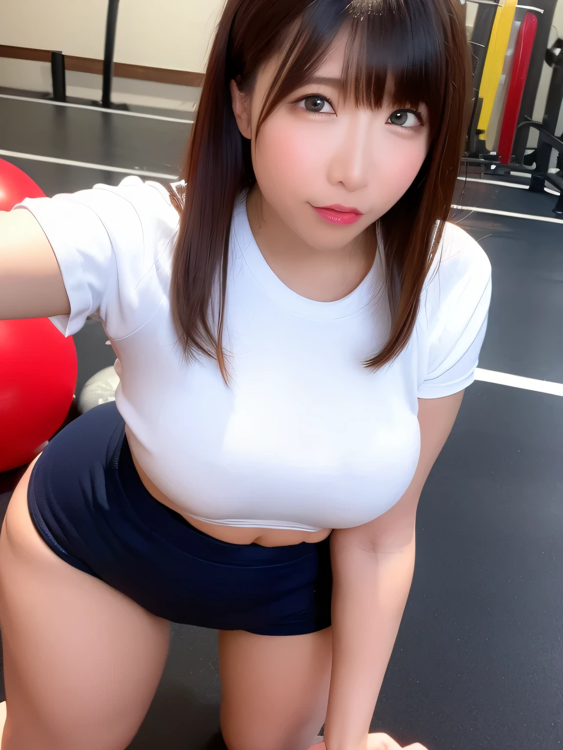 nsfw,8k、High resolution、masterpiece、Realistic、In detail、Fine texture、Head-to-toe portrait、High Contrast、alone、high school girl、Natural body shape、White skin、Natural Makeup、Black Hair、bangs、Straight short Hair、((School-designated gym clothes))((White gym clothes for the upper body、long、Short sleeve、There is a dark blue line))、((The lower half of the body is a navy blue tight bloomer))、((plump)), Sit with your legs apart、(Huge Breasts:1.5)、((The upper body is wearing gym clothes))、((School classroom))、Looking into the camera、、Full body photo、Focus on the groin、Exposing thighs、White shoes下、White shoes、Erect nipples:1.2, sweating