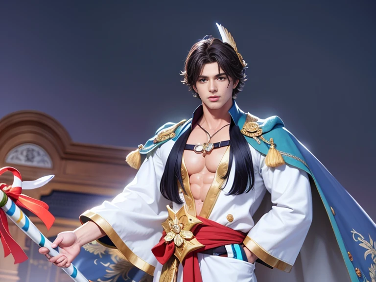 Handsome guy, 30 years old, Asian, master work, best picture quality, higher quality, high detail, super high resolution, 8k resolution, delicate facial features, boy, big muscles, big pecs, glowing eyes, short hair, hair details, [[Look away, look to the side, emphasize homosexuality and pay attention to every detail , open Hanfu transparent tulle jacket, blue rubber pants, night, starry sky, flying flowers. Waterfalls, mountains, circling dragons, Chinese courtyard background (((((crotch bulge)))))