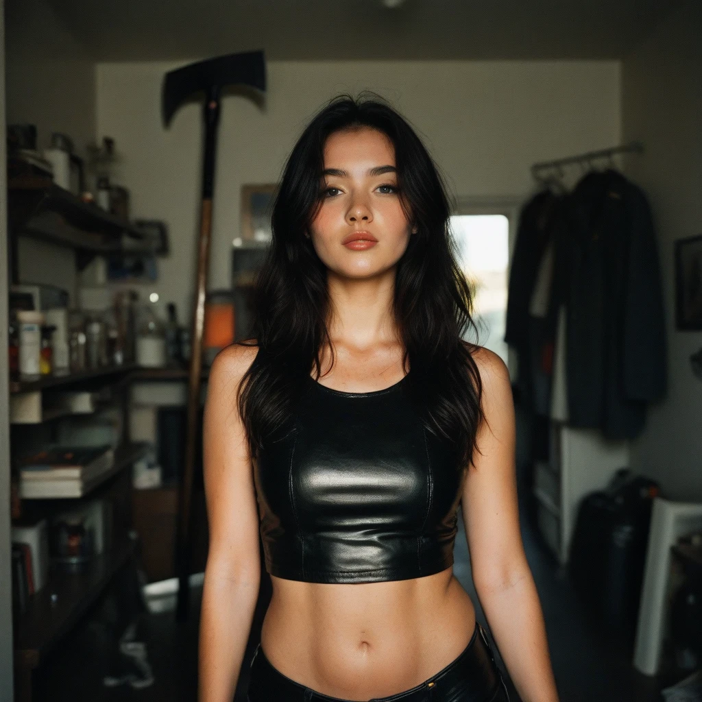 5ft5 anime girl, tan skin, Plump lips, very long curly dark turquoise hair, Amber gold eyes, pupils are thin lines, Sharp stubby fangs, old scars, Ear piercings, black tank top, Baggy dark grey cargo pants, Heavy duty boots, Long tight black gloves facing camera, calm expression