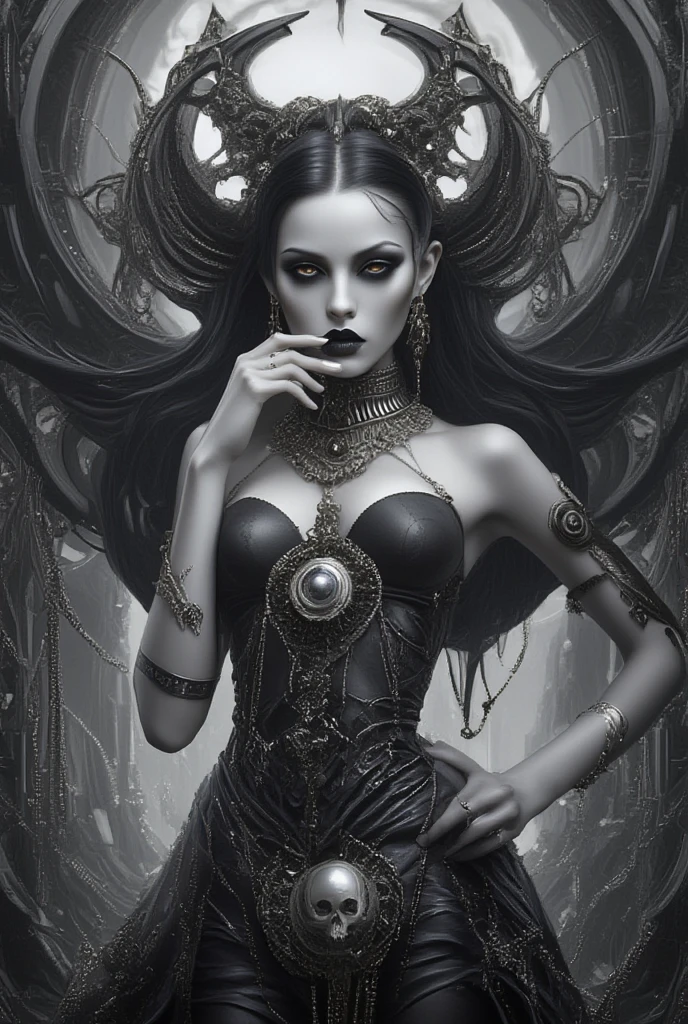 monochrome,bw,Nsfw,Naked,A nude devil woman with a black and white body stocking dress holding a red lipstick,Satan,succubus,blue Eyes,detailed patterns of clothes,erotic posing,spread legs,pussy,anal,busty,detailed Gothic background,darkness fantasy background,inspired by Robert McGinnis, inspired by Grete Stern, style of Takato Yamamoto, Guido Crepax, Guido Crepax-style, Amano, Vania Zouravliov, inspired by Leonor Fini, Nagao Shusei, inspired by Yamamoto Takato.inspired by klimt and mucha.

Tags: beautiful detailed eyes, beautiful detailed lips, extremely detailed eyes and face, long eyelashes, (best quality:1.2), ultra-detailed, (realistic:1.37), oil painting, color contrast, high resolution, black and white dress, red lipstick, Robert McGinnis-inspired, Grete Stern-inspired, Takato Yamamoto style, Guido Crepax style, Amano-inspired, Vania Zouravliov-inspired, Leonor Fini-inspired, Nagao Shusei-inspired, Yamamoto Takato-inspired, vivid colors, dramatic lighting, striking composition, intriguing atmosphere, feminine elegance.