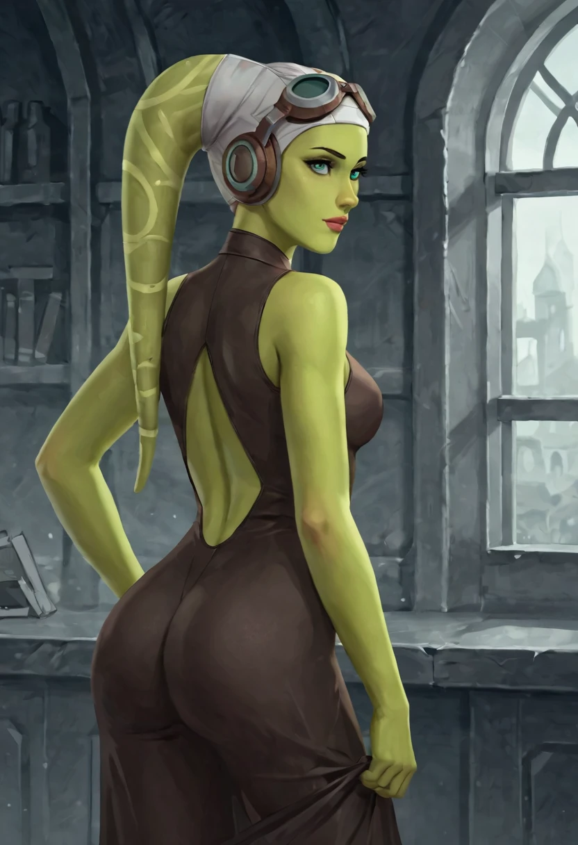 best quality, masterpiece, realistic, detailed, 8K resolution, ultra-realistic, highly detailed, incredibly detailed, HDR, twilek, volumetric lighting, beautiful woman, colored skin, green skin, toned, mesh bikini, from behind, hands on ass, standing, naughty face, sci-fi crowded bar scene, on table <lora:Race - TwilekV2:0.5> <lora:more_details:0.5>, <lora:roundassv1:0.6> round ass