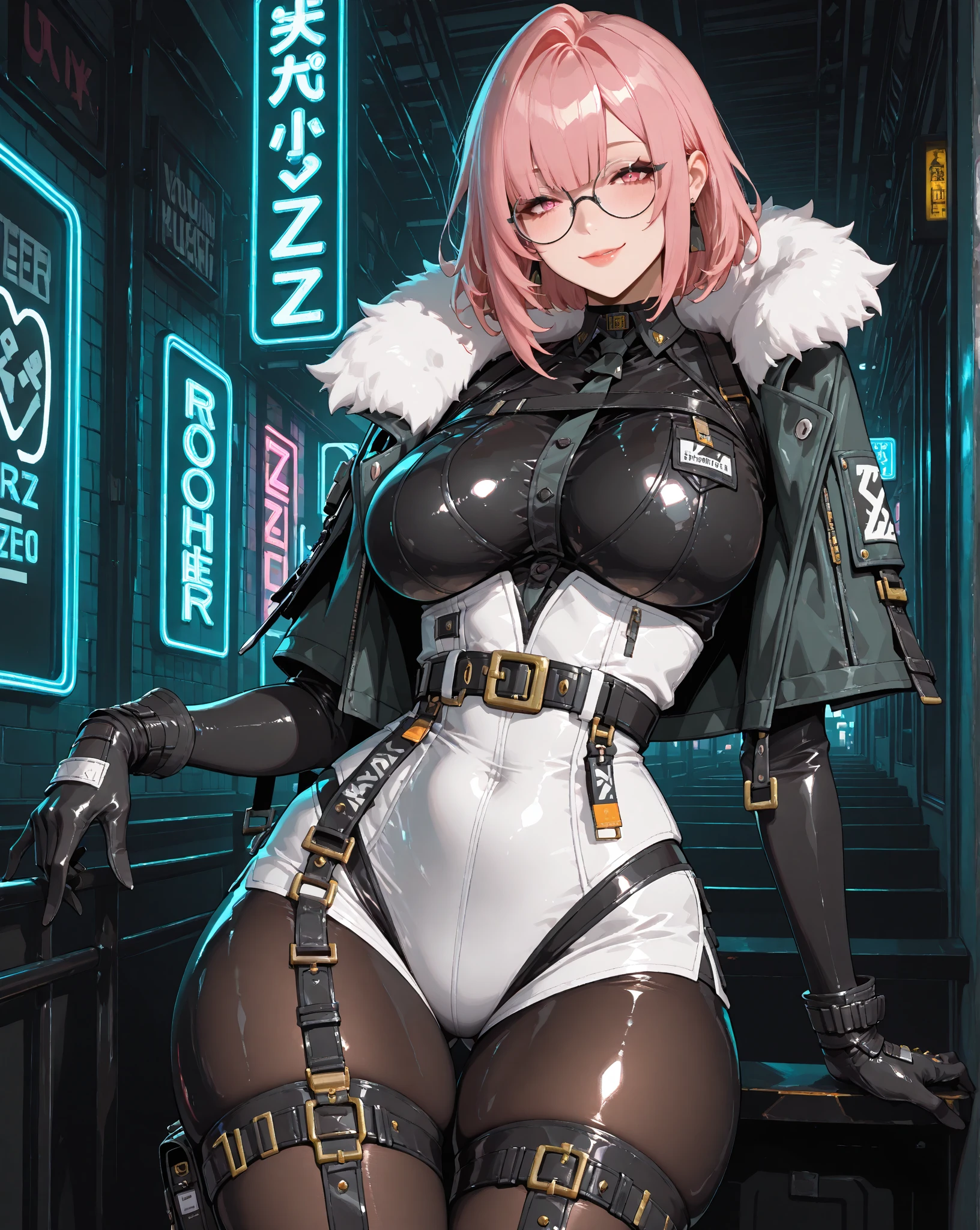 8K,Ultra Detail,ultra-quality,ultra precision,ultimate masterpiece,demon Girl,big breast,big Thigh,bomber jacket,long leather pants,long twin tail(blond)(innercolor of pink),cool Graffiti on the wall,Cyber punk face mask,Theme of Cyber Punk,sitting cross legged,