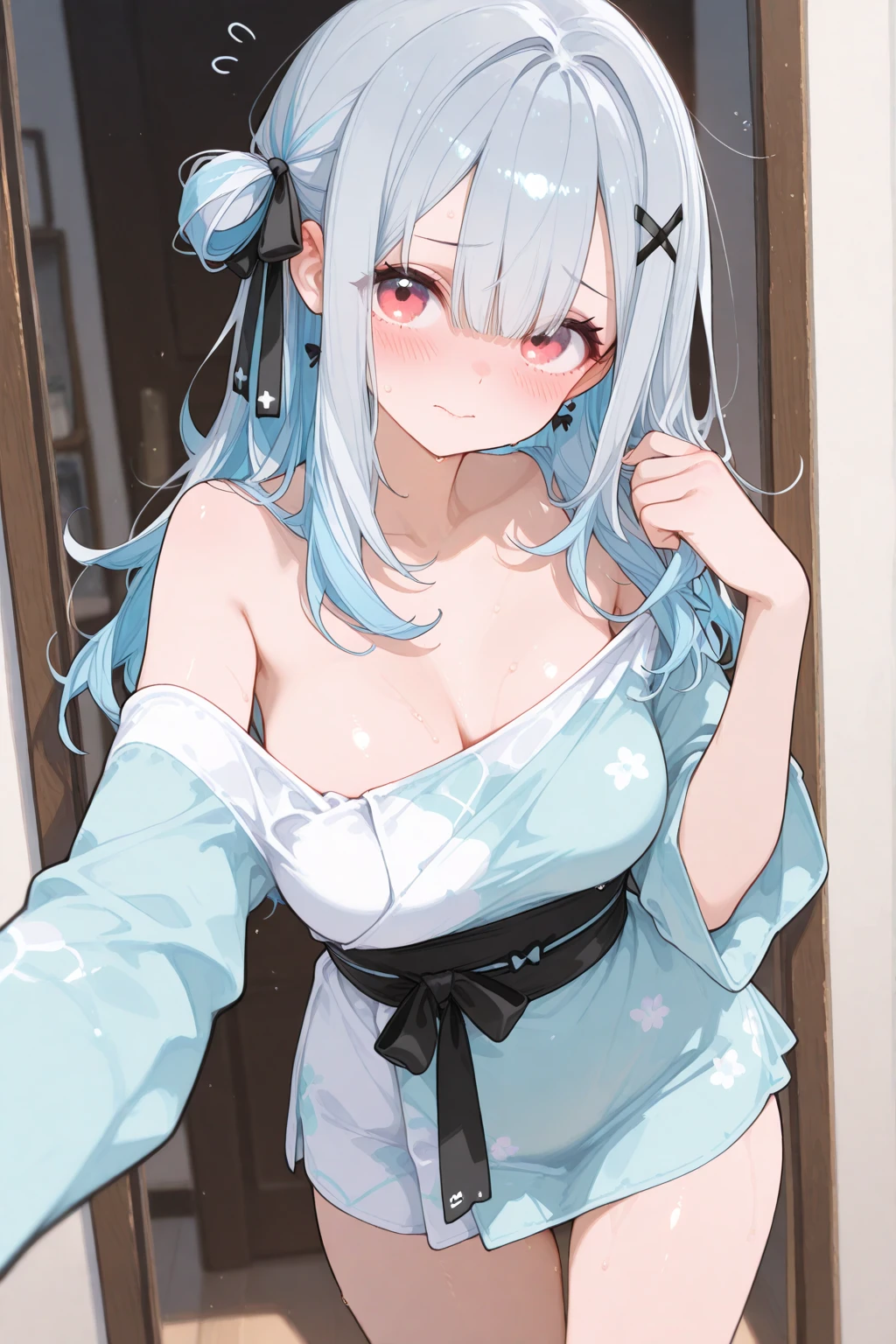 One girl with long hair, white hair, blue inner hair, looking at viewer, embarrassed, blushing, tears, indoor, bedroom, white shirts, oversized naked shirts, cleavage, bare shoulders, undress, thigh, slim, dizzy, choker, mid-chest, wide hips, perfect waist, spread legs, night atmosphere, hair ornament, standing, pantyhose, (embarrassed:1.0)