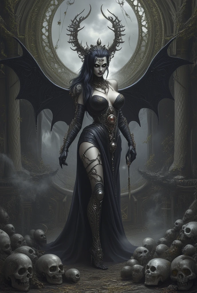 (masterpiece:1.2), (best quality,:1.2), 8k, HDR, ultra detailed, ((photorealistic)), professional light, cinematic lighting, fashion photography, ambient lighting, atmospheric effects, Devon,<lora:Devon-10:1>, choker, earrings, dark makeup, long and messy hair, as a necromancer, wearing intricate robe and cloak, in a sinister fantasy catacomb with open graves, treasure, skull columns, ReDe, (DarkFantasy:0.2), <lora:RealmsOfTheDead-10:0.7>, darkpriest, <lora:Clothing - Dark Priest:0.3>, epiCPhoto