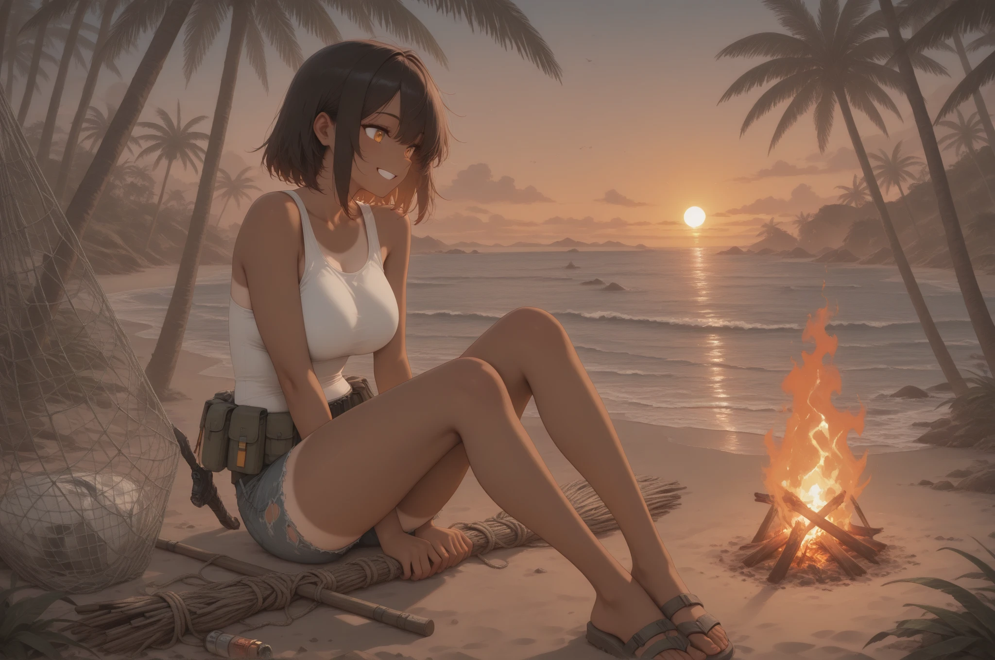 (masterpiece, Highest quality:1.2), 1 Girl, alone,Eyes open,Tropical atmosphere,Ocean,Swimwear,Having a bonfire