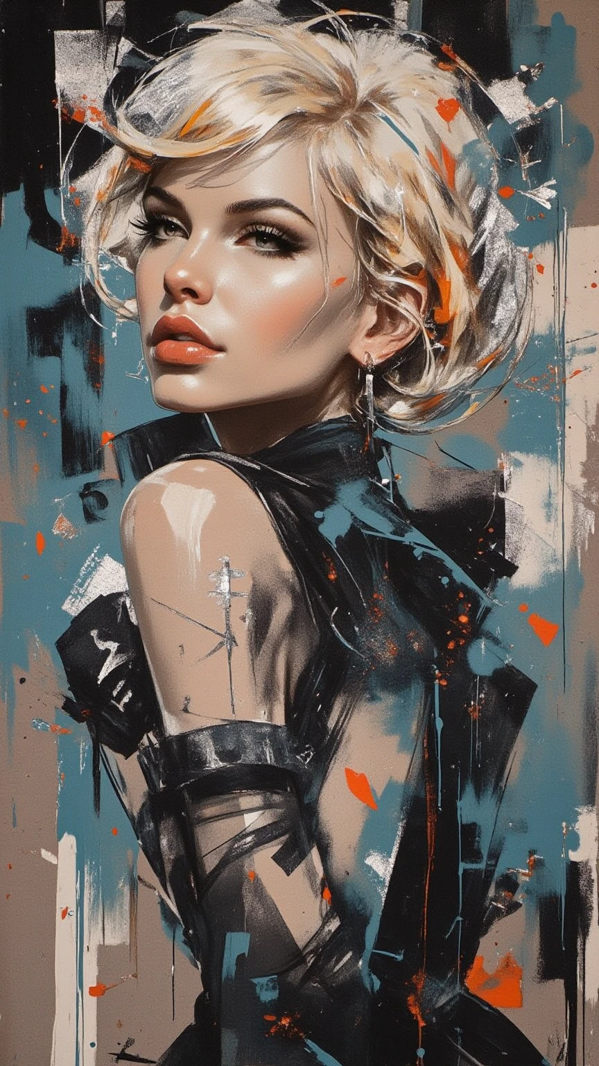 Yvonne Strahovski、Sticking out the navel、newyork、She wears a torn Spider-Man suit,wearing skirt、abstract photorealistic、artistic、Alphonse Mucha's painting(masterpiece、top-quality、hight resolution:1.4)、detaileds、複雑なdetaileds、4K、color splashes、line-drawing、Fibonacci、