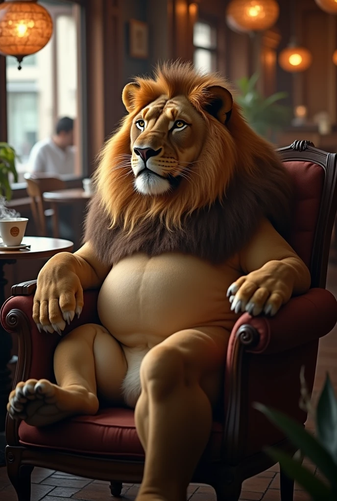 a very obese male lion with a long blond mane, extreme big and fat belly, extremely detailed eyes, feline hands, feral paws, long fur, heavy body hair, wearing a very tight shirt and tight cargo pants, sitting on a homemade chair in an indoor greenhouse, front view, face portrait, (best quality,8k,highres,masterpiece:1.2),ultra-detailed,(realistic,photorealistic,photo-realistic:1.37),HDR,UHD,studio lighting,ultra-fine painting,sharp focus,physically-based rendering,extreme detail description,professional,vivid colors,bokeh,cinematic,extremely detailed eyes and face, correct anatomy, correct eyes, correct hands