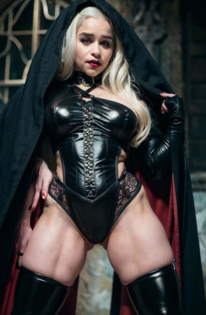 Aidra Fox face, girl of 20 years old, white hair, blue eyes, freckles in her face, luz cenital dramática, sombra alrededor de los ojos, goth girl, cosplay, Caravaggio style light, witch with sexy toned body. Sus pechos y nalgas son medianos. Gothic witch outfit, strong abs, hooded and cloaked, leather gloves, piercing en el ombligo, garter belt and stockings, hot sexy witch, erotic outfit, leather long boots, en semiperfil, de pie, tiene vello púbico, night hour, wearing a necklace with a pentagram, in the night, dark image, hyperrealistic, ultra detailed image, iluminación dramática, beautiful witch, encapuchada, intricate costume, black velvet cape, hair in her genital area, naked pussy, hirsute hair in her beautiful vagina, hairy vagina, full body, standing on feet, sin bragas