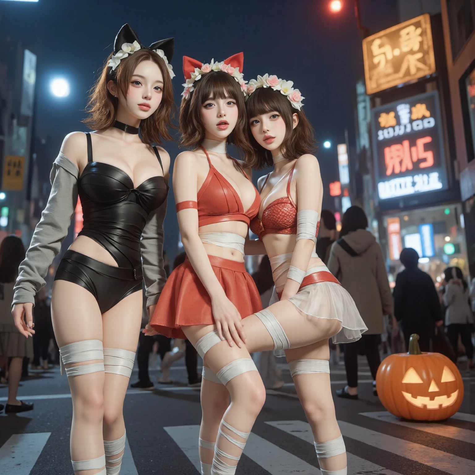 masterpiece, top-quality, top-quality, Beautifully Aesthetic:1.2, ((1girl:1.5)), Halloween night, ((Wearing a high-quality costume of fur of cat, gloves of cat, cat paw-shaped shoes, fur miniskirt):1.2), (Silver pin heels:1.1), high detailed, (Standing leaning forward with hands on ground:1.3), large breasts, firm breast, nicely shaped breasts, slender figure, 
((Dark Brown Hair)), wavy hair, (medium long hair:1.2), 
((in the middle of very crowded Shibuya's scramble crossing at late night:1.2)), ((Surrounded by many people wearing Halloween costumes:1.2)), (Full body shot:1.1),  (From back:1.2), ((looking back at viewer:1.2)),