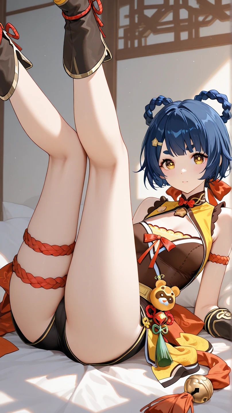 ((top quality, 8k, masterpiece: 1.3, ultra hd, high quality, best quality, high definition, realism)), sharp focus: 1.5, cinematic lighting, Beautiful Chinese girl with slim and skinny body, dark blue short hair, yellow eye color with light gradations, Small breasts, flat chest, nipples, areola nipples, armpit, perfect armpit, open legs, spread legs, her vagina is clearly visible, vagina, spread vagina white fluid coming out from her vagina.