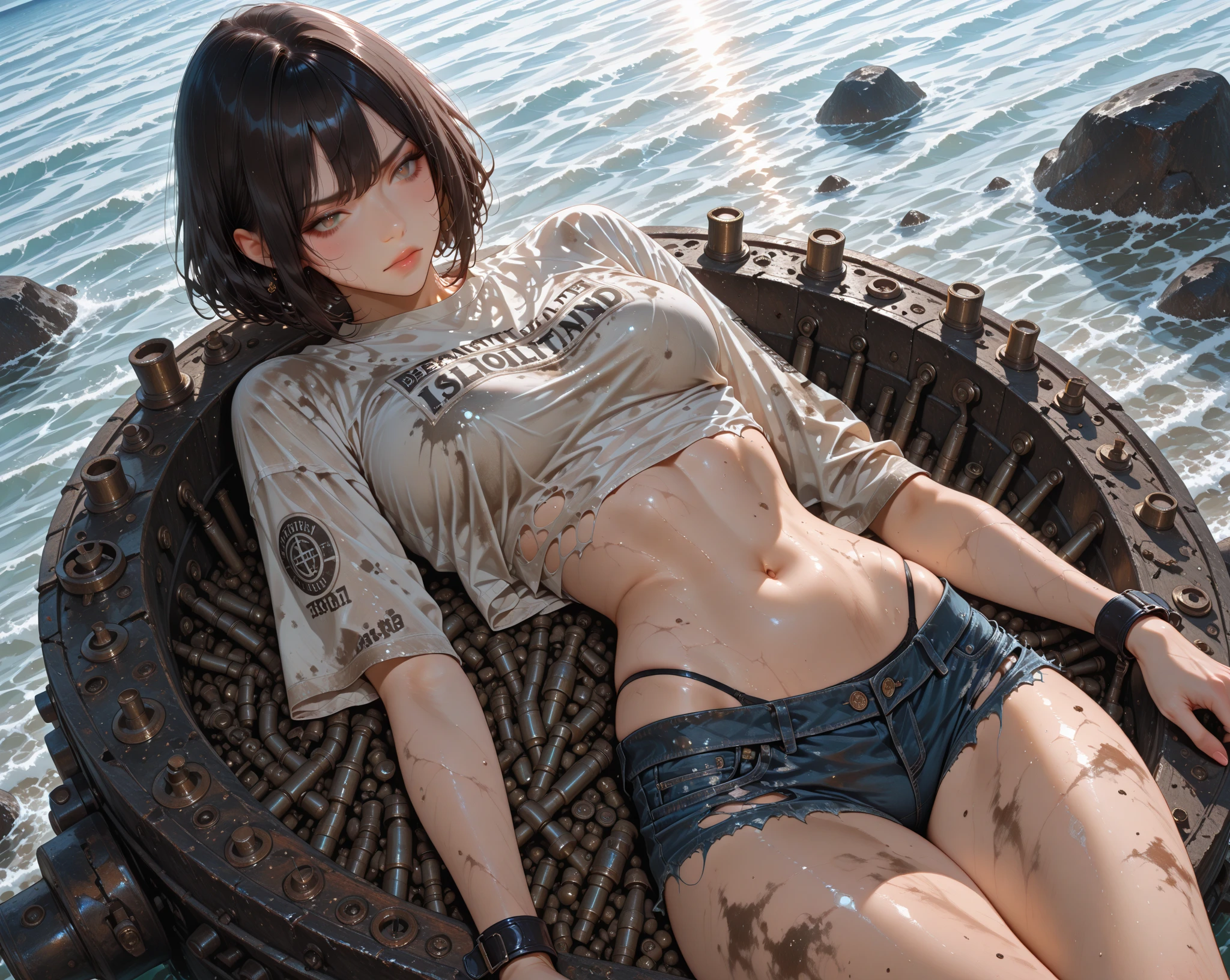 ((cute sexy ass, Beachwear, Very pronounced cameltoe, Very visible breasts under the bikini, wet, wet:1.2)), (Unleashed bikini) Beach, lying down, silver hair, duo, navel, girls, open clothes, see through bikini, micro bikini, blush, naughty face, naughty, assembly, 땀에 wet 몸, Protruding halo, (black skin:1.1), huge breasts, throw, wet neckline, (thick thighs), 4k hd, extremely realistic, perfect body, perfect lips, perfect nose, perfect eyes, Beautiful ship, Seen through clothes, legs are open, looking at the camera. (Fractal art background: 1.2) (tangled:1.0)