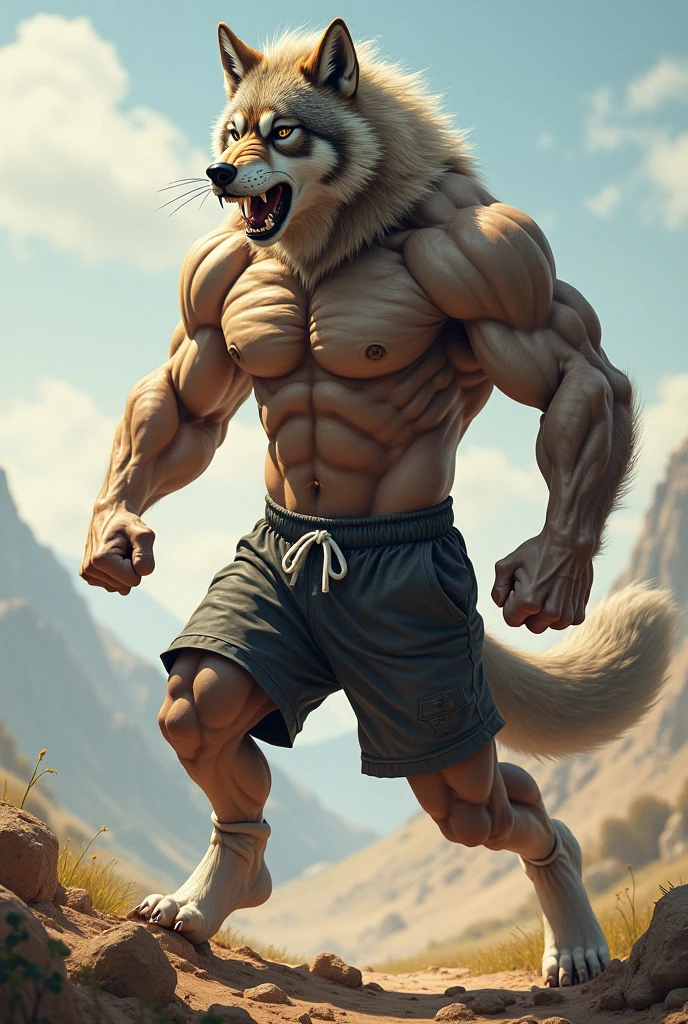 White rabbit muscular strong muscular angry wearing red shorts eating alligator meat scared