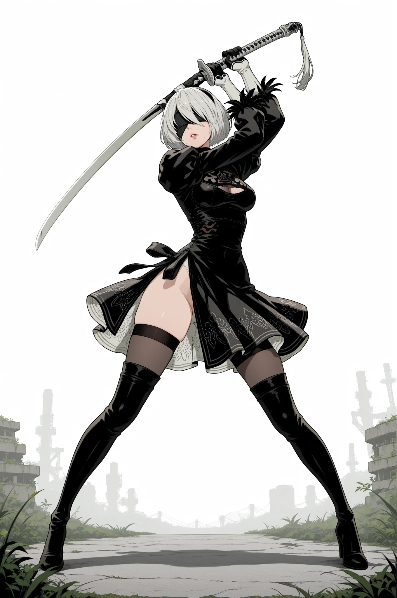 1woman, solo, 2b, nier automata, parted lips, mole under mouth, blindfold, black dress, lace-trimmed dress, puffy sleeves, feather-trimmed sleeves, white handle, see-through cleavage, holding one katana, standing, full body, white background, dynamic pose, masterpiece, best quality, high quality, amazing quality, very aesthetic, absurdres, newest