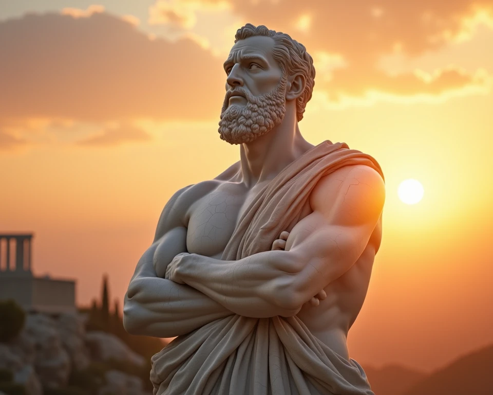 Generate a high-quality digital image of a Greek-style marble statue of a muscular, bearded man standing confidently. The statue is set against a backdrop of ancient Greek architecture, with tall columns on either side and a cityscape in the distance at sunset. The lighting should highlight the statue's chiseled features and defined muscles, giving it a heroic and majestic appearance. The statue is dressed in a toga that drapes over main parts of the body and the rest of the body exposed, showcasing its strength and power.