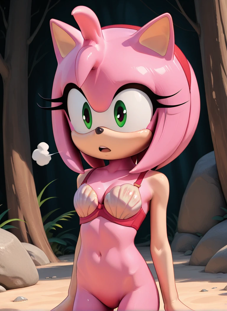 Amy_Rose, furry, pink skin, red dress, gloves, green eyes, looking at viewer, serious, smirk, smiling, upskirt, white stripes panties, cameltoe, shy, flat torso, under view, panties zoom in, 
standing, hands on hips, outside, forest, lake, natural lighting, extreme detail, masterpiece,  