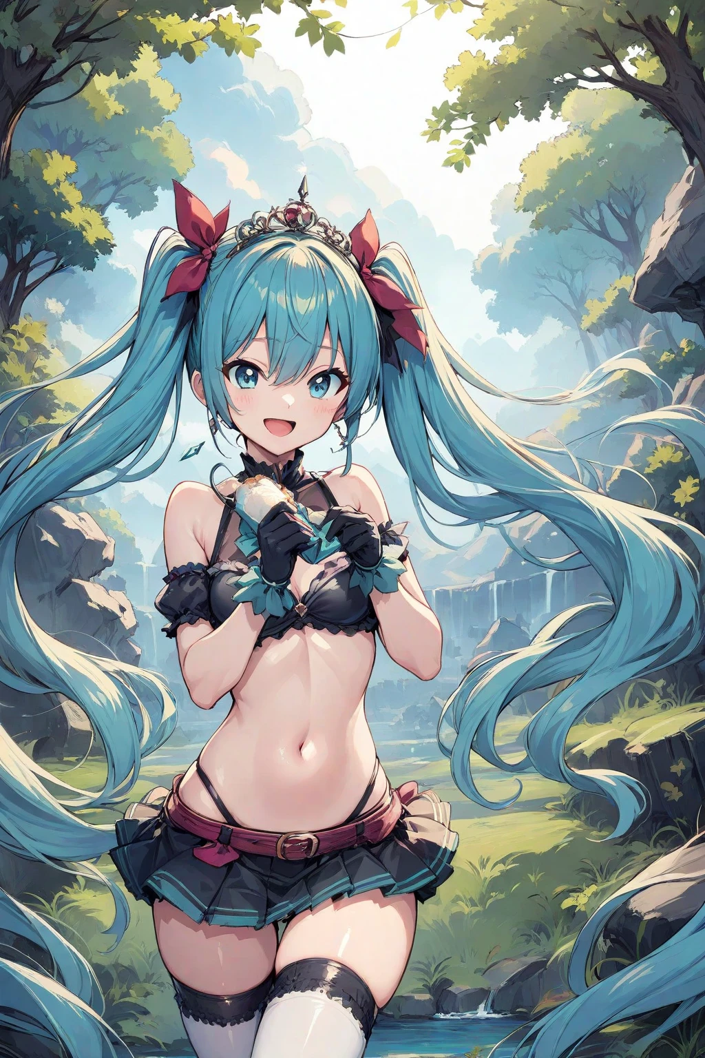 masterpiece, beautiful, 4k, detailed, intricate details, , shota, overalls, jean overalls, cuffed overall, long ponytail turquoise hair, ((??turquoise hair)), (((red eyes)), smile, slight smile, 1boy, young delicate prince, shirtless, overalls over skin, bare shoulders, bare sleeves, bare arms, facing forward, side cut, torso shown, leaning forward, flat chest,(nsfw:0.55), ((flat chested, flat stomach, baby face)), (intense colors)