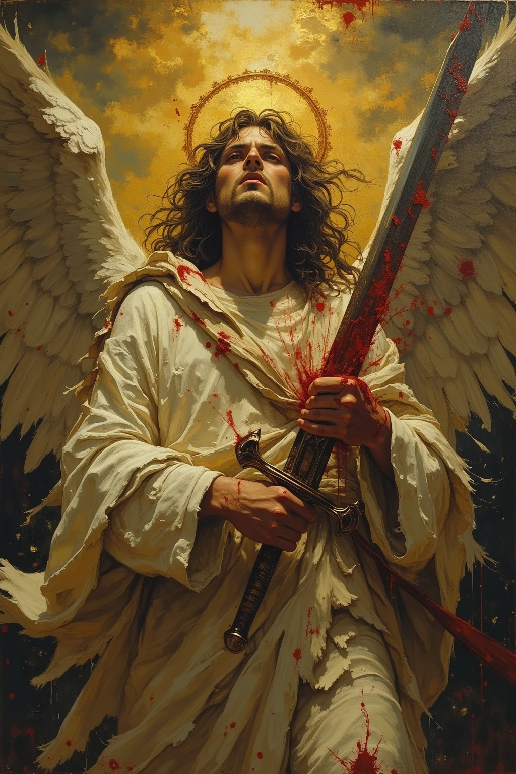 fallen angel chained in a cross, but only in torso and the hands and behing the cross; front view, face full of rage and looking to us with bright eyes; beautiful man; caravaggio oil painting; realism; mid lenght hair; background with a lot of detail; inferior half body destroyed with legs destroyed; and blood; show hands becomings into fangs, and arms downs; the cross in stone with some ornament; show bull body and a bigger background with a lot of cross's in land; the body in the cross is some meters above the ground; depressed; and the wings broken in the floor