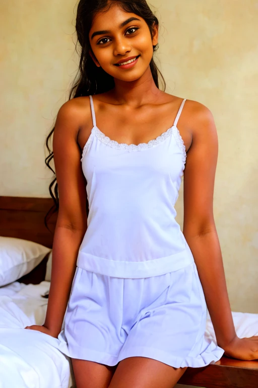 A solo attractive ((brown skin young woman ))she is beautiful and petite wearing a pink tank top and white short pj set , sitting in her girly bedroom ((lifelike skin texture)) ((she's smilling)) ((very detailed image )) she has a petite figure ((stunning eyes and a sharp nose)) a perfect ((blonde white hair)) smilling UHD, a Masterpiece,Realistic textures,(( hyper-realistic)), 8k, photorealistic, XT3 grain,Fujifilm((ines c dos santos)), ((white pj set))