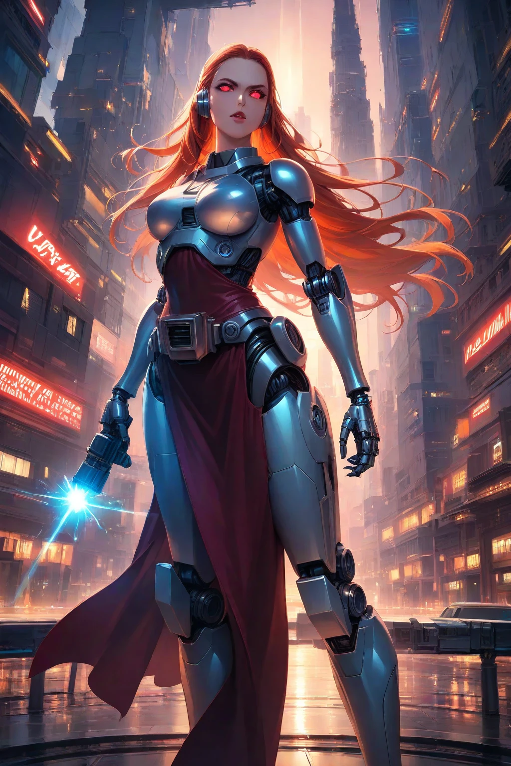 Sunset Shimmer, Sunset Shimmer Cyborg Girl, Sunset Shimmer from My Little Pony, Bio Organism, Non-Human, Mechanical Parts, Lush Hair, Long Hair, Sunset Shimmer Hair, Bionic Body Parts, Missing Skin, Completely Cyborg, All Metal, Robot, The Whole Body Is Made Up Of Small Parts, Cyberpunk, Artificial Intelex, Cybernetic Organism, Mechanical Arms, Mechanical Legs, Red Glowing Eye, Full Growth,  full body, very detailed, ultra 8k quality, broken parts, holes in mechanisms, not a living organism, runes and red magic, magic flies around, a lot of red and yellow, red lights, sun earrings, a lot of magic, a metropolis of hell, everything is in lava, a pile of lava, hell