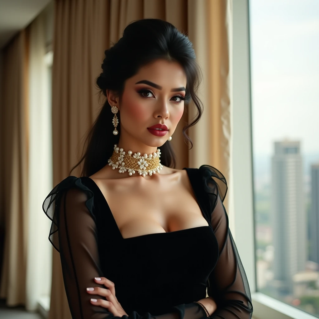 (masterpiece:1.3), (photorealistic:1.37), (A sassy, happy, fashion model, 20-years-old), ((Glamour, paparazzi taking pictures of her), (super elaborate, extravagant evening wear), with a perfect body, super fine face and eyes, (light makeup, [[pink lipstick]], eyeliner), ((view the viewer)), (full breasts:1.45), The attention to detail, open smile, Double eyelids, Wear an off-the-shoulder top, (((light dark short ((side swept bangs)), extremely detailed))), ((Brown eyes)), 16K, UHD, Extremely detailed, voluminetric warm lighting, (black lacy:1.42), ((exposed open chest: 1.48)), (Realistic:1.5), (ultra_detailed:1.3), (The ultra -The high-definition), depth of field, (best quality), and if you want, you are standing, kneeling, Sitting astride a chair,