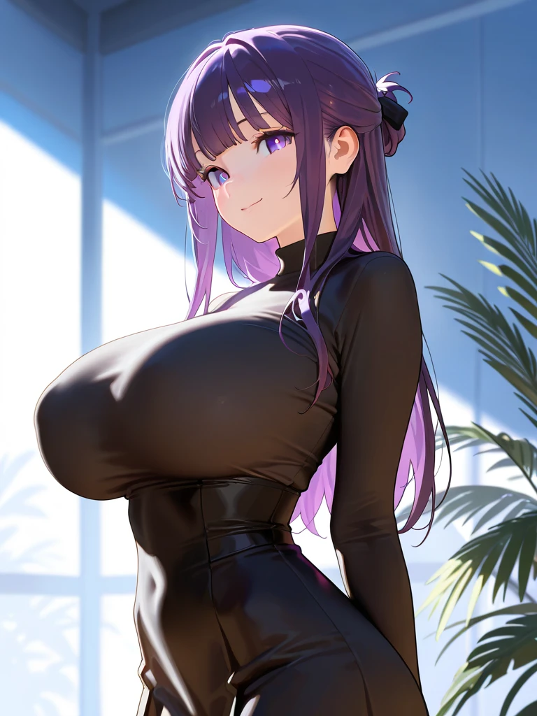 (anime style) (huge breasts:1.4)(masterpiece)(high quality)(best quality) (1girl),(solo), (slim waist:1.3), detailed eyes, extremely detailed face, (dark bedroom at night) (window in background) (front left corner view) (looking at the viewer), raining outside, stretched white shirt, red flannel skirt, full body portrait, hands behind head, purple hair, light purple eyes, standing, lustful expression