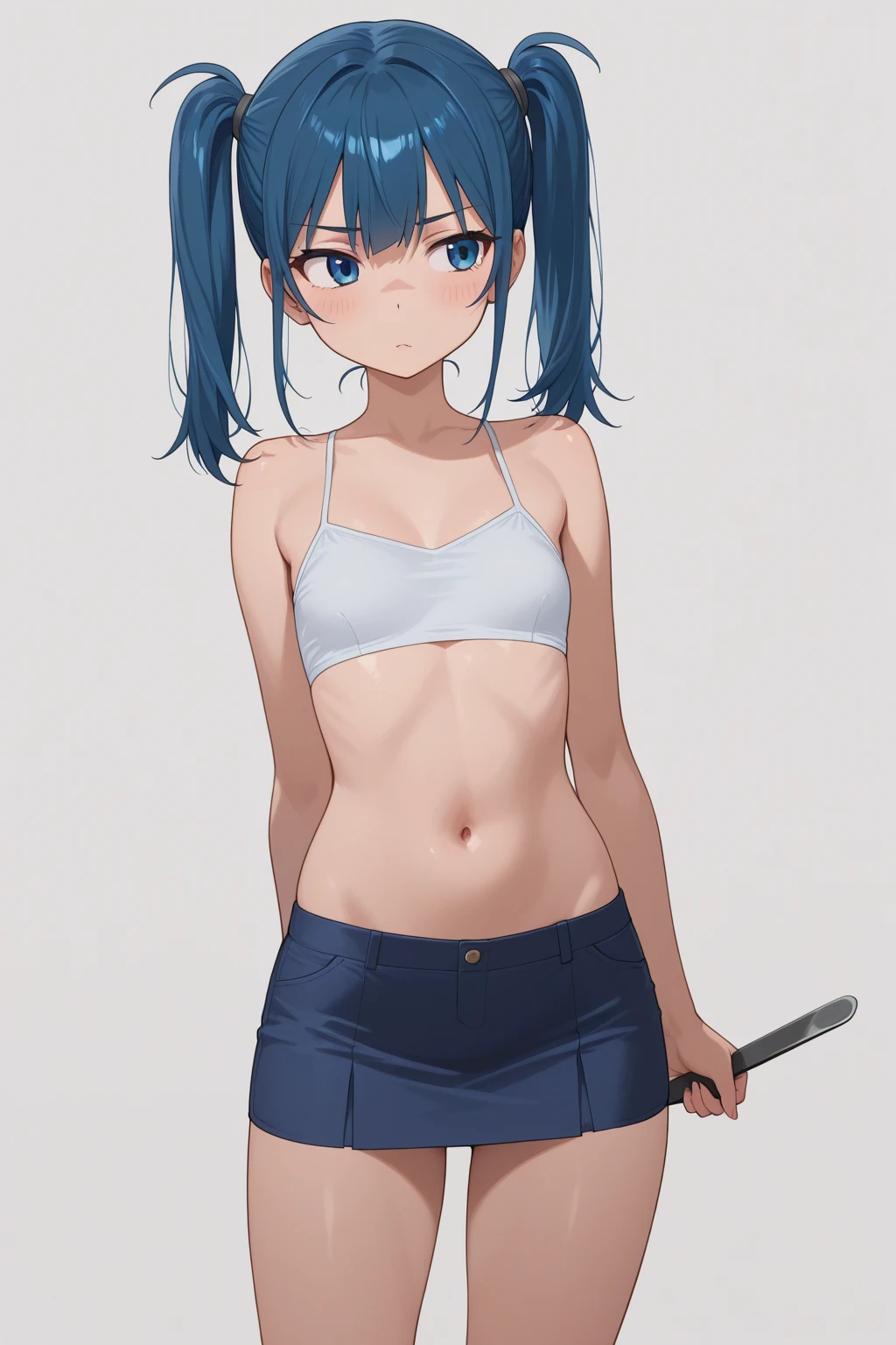 all realistic intricate details, masterpiece, best quality, highres, rem1, 1girl, solo, rem \(re:zero\), blue hair, short hair, red eyes, hair over one eye, ribbon trim, hair ribbon, x hair ornament, frills, crop top white, denim shorts,medium breasts, cleavage, sedection pose , hair flower, outdoor, standing, smile, perfect background, perfect light
