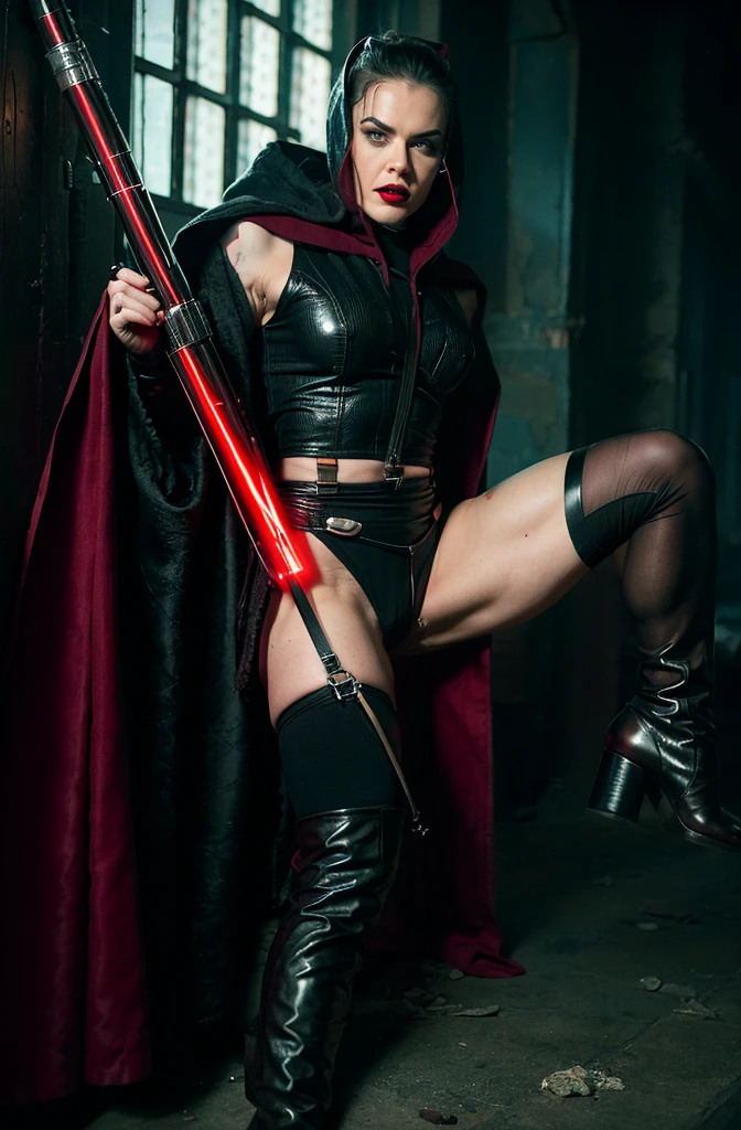 Megan Boone als Domina, im Leder-Lack-Body-Outfits in der farbe rot mit kleinem Diadem auf dem Kopf, wears long earrings and very long laced-hips high-platform boots with a 20cm platform, Ellenbogenlange Handschuhe, ihr rektum anus ist sichtbar, is naked and hairy full body visible