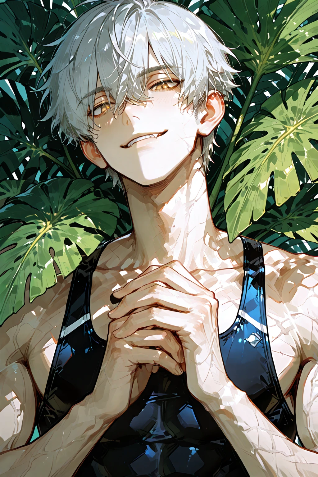 Ultra detailed, Highres, HDR, absurdres, Komaeda Nagito, white hair, expressive silver eyes, patterns, Danganronpa, black tight shirt, sexy man, handsome, solo, extremely detailed face and eyes, petals, green leaves, summer, birds, toned chest, master piece, basketball uniform, smirking