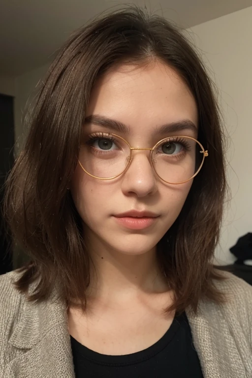 Young teen girl, blonde hair, small round face, ((small pointed nose:1.1)), blushing cheeks, bright hazel eyes, ((Kelsey McWilder)), 8k, 4k, highly detailed face and eyes, imperfect skin, highly detailed skin texture, hair in bun, round glasses, winking