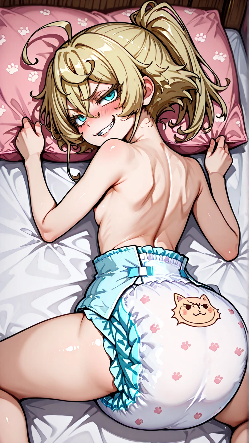 tennis girl's massive rear butt cheeks out of bottomless slutty mini sweater out bare and brown boots, showing her butt, lying down, on bed, wearing oven mittens under big pillow, blindfold


