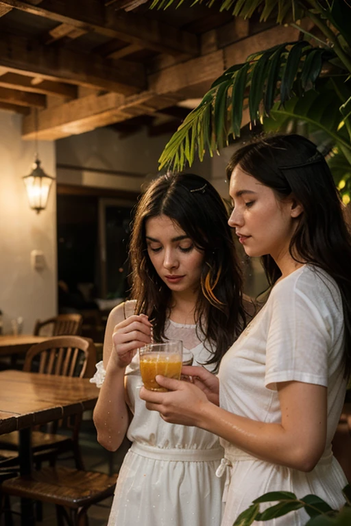 A woman around 35 years old, with medium-length hair, wearing a t-shirt and jeans.
She is sitting across from a 20-year-old woman with medium-length hair, wearing a long dress, wear Glasses. They are at a Chinese congee shop, each eating a bowl of congee, and engaged in a deep conversation.