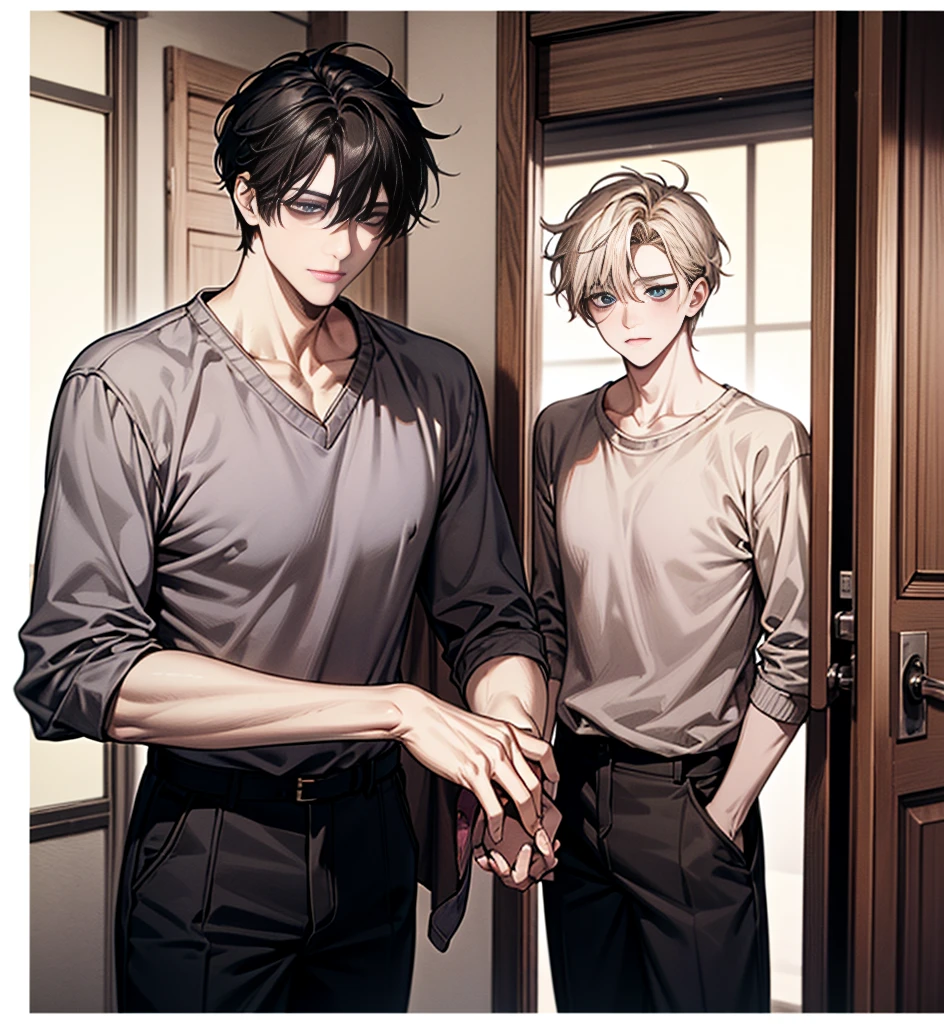 (Masterpiece, Best quality), Intricate details, 8K, art stations, the wallpaper, offcial art,Photorealsitic,Ultra-clear portrait style,Young male in his twenties,2D beautiful boy,Exquisite,Pretty big breasts,Brown hair,Silver-gray eyes,Slender and well-proportioned physique,Elegant black shirt,Black trousers,Gray coat,Straight hair at shoulder length,Gentle and melancholy temperament,Artistic,Lonely figure。