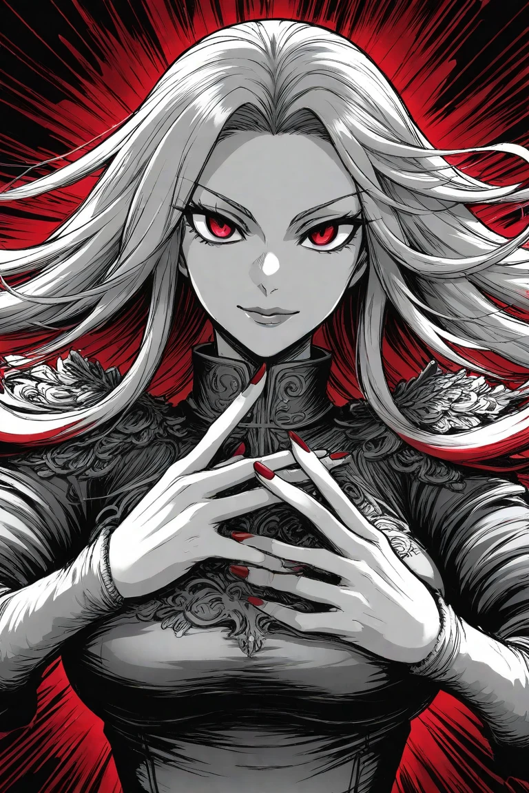 Anime magazine featuring tattoos, Girl, Silver white hair, Midi hair, Droog curly hair, Three-dimensional and delicate facial features with reflections in the eyes, Wearing a suspender suit, Dragon tattoo on arm, Head down, Crimson bright eyes, Fierce and fierce, Bad girl, Riffraff, Red and black background, Manga art style, Modern style, Mobile wallpaper, 85mm, From side, character table, projection illustration, mixed
