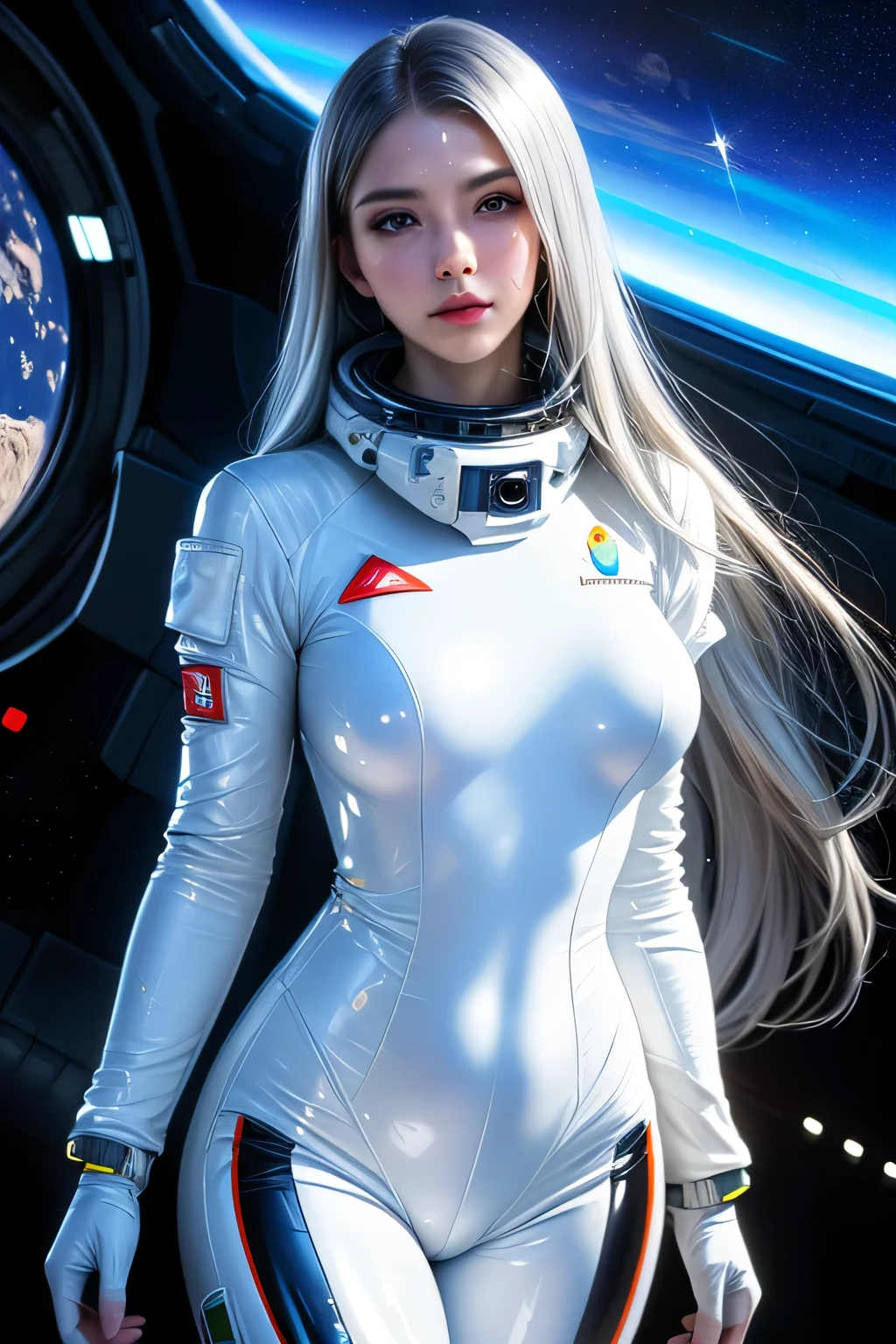 A young and beautiful woman、Science fiction、treasure hunter、Unearthing ancient ruins in space、Transcendently beautiful face、Ideal proportions、Big Breasts、Beautiful long straight hair gathered into a braid、blonde、Dynamic Pose、A revealing holographic outfit、Dynamic Angles、