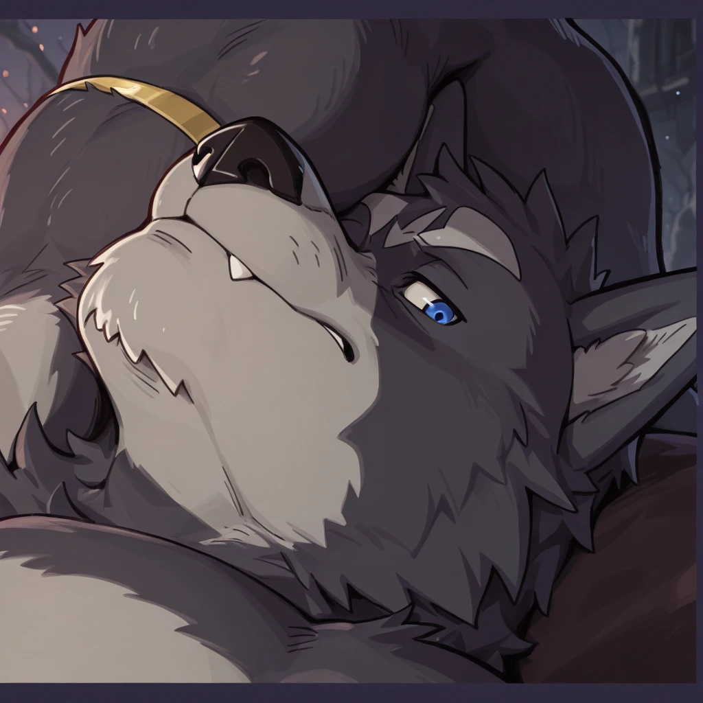 Bright eyes, panorama, character focus , solo, furry, furry male wolf, male red fur, blue eyes, gray hair (long), pair of dragon wings, pair of small horns, bare body, black shorts lying on bed, young style, height one meter seven, handsome, has a tail, bust, drooling, milk, genital fluids, enjoy, pounce on the audience, hands support the audience, the audience perspective up, licking, licking, control