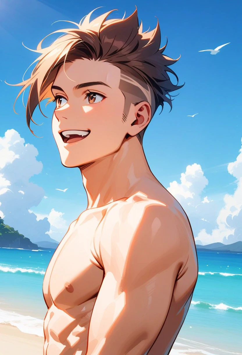 score_9, score_8_up, score_7_up, 1boy, solo, hourglass figure, sfw, handsome, pretty guy, kemonomimi, bear ears, brown hair, short hair, messy_hair, blue eyes BREAK freckles, topless male, male swimwear, red shorts, standing, beach, outdoors, day sky, smile, closed mouth, looking at viewer,